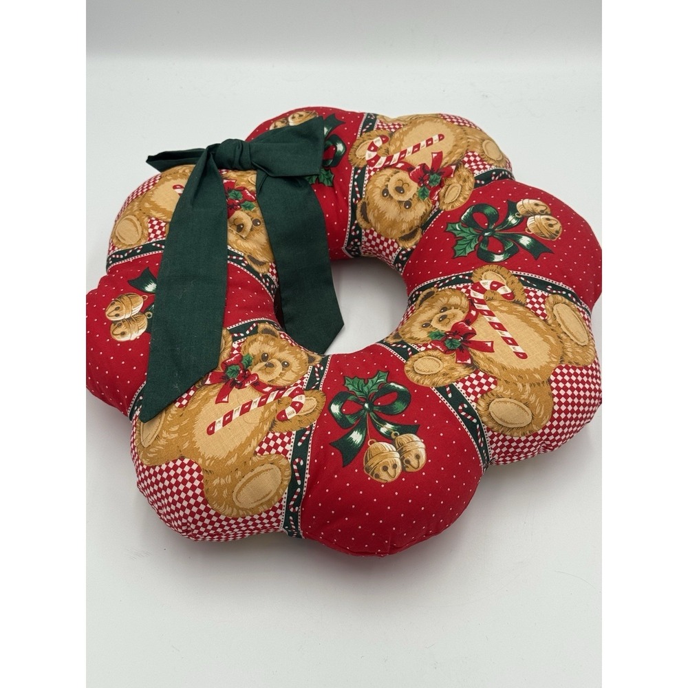 Vintage Plush Stuffed Christmas Wreath, Teddy Bear, Red White Green pattern